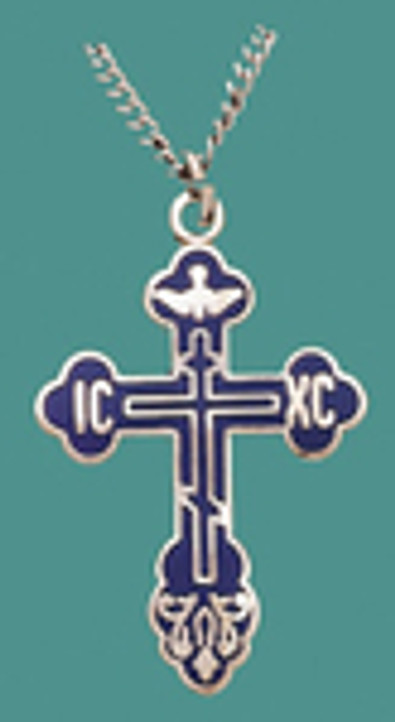 Cross SS w/18" stainless steel chain, w/blue enamel, engraved